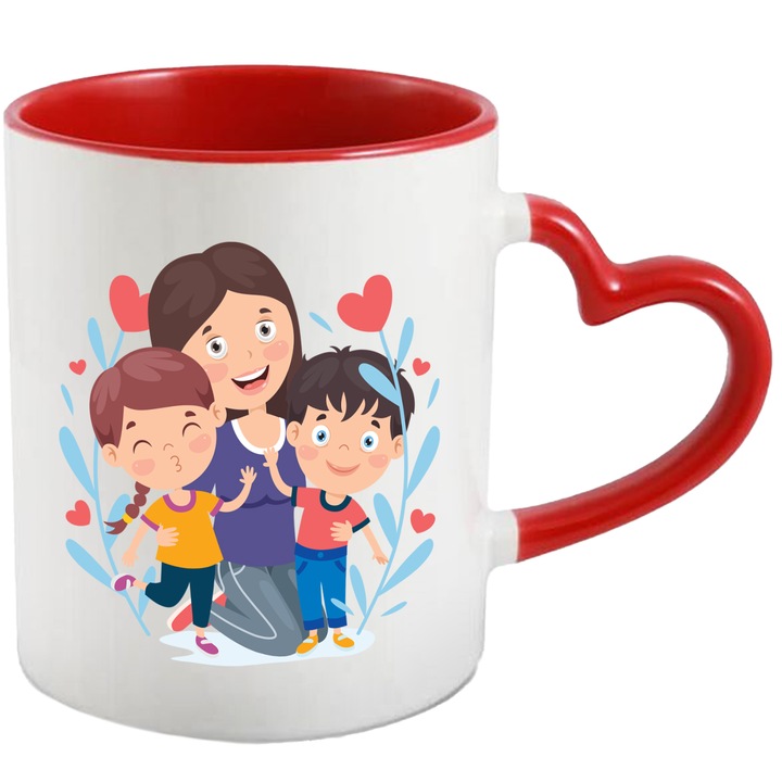 Cana Cu Mama, Parinte, Copii, Inimi, Frunze, Familie, Dragoste, Multicolor 330 ml, Ceramica cu Maner Inima Rosie