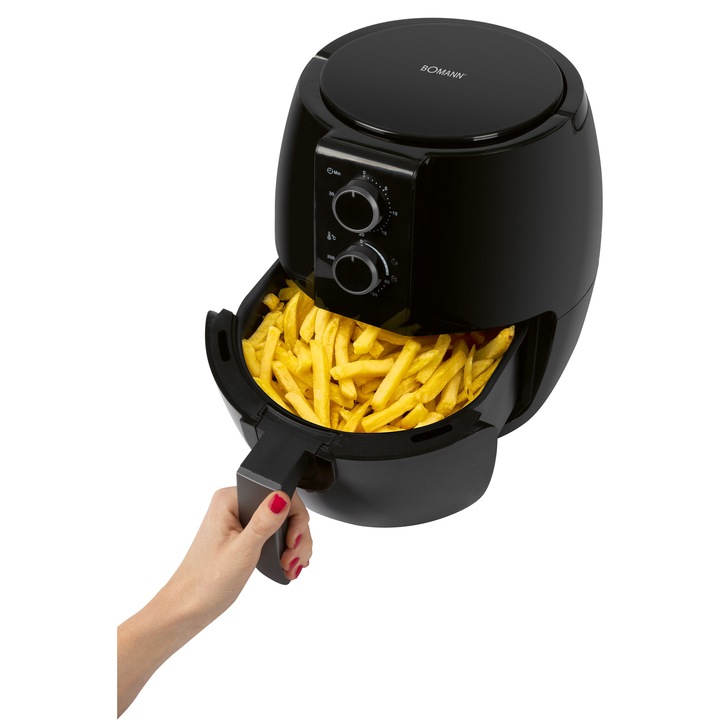 Air Fryer Boman, FR6057HCB, űrtartalom 3,6 liter, olaj nélkül, állítható hőmérséklet 80-200°C, időzítő, automatikus leállítás, leolvasztás, melegen tartás, szag- és gőzcsökkentés, fekete