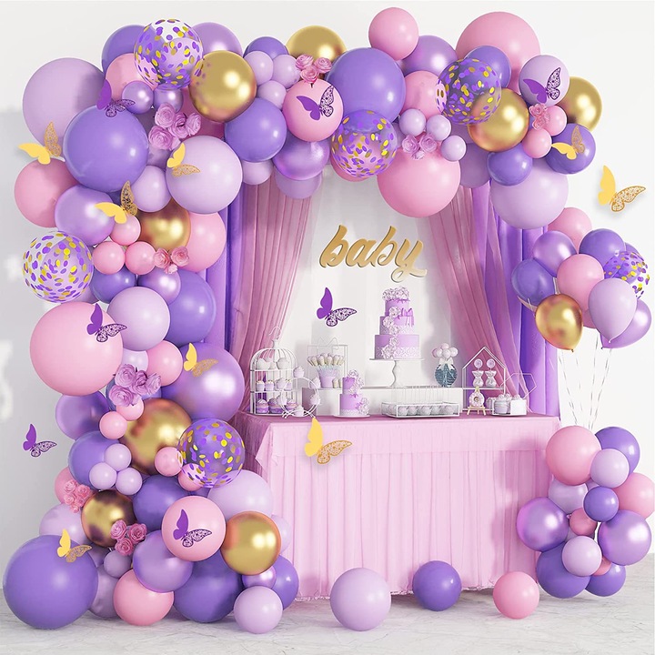 Комплект от 125 бр. Балони за парти за рожден ден, XYXANMO, латекс, серия Purple Pink Gold