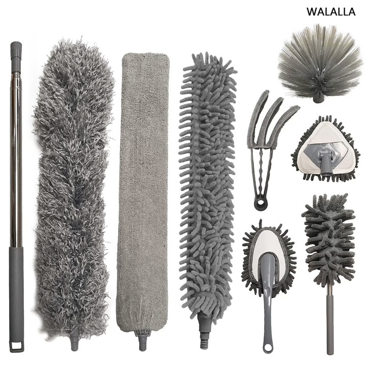 Set de curatare 9 bucati pentru praf cu stalp de prelungire, WALALLA, perie retractabila pentru curatarea prafului, praf lung pentru curatarea panzei de paianjen, jaluzelele, mobila, tavanele inalte, pliabil si lavabil, otel inoxidabil/microfibra, gri