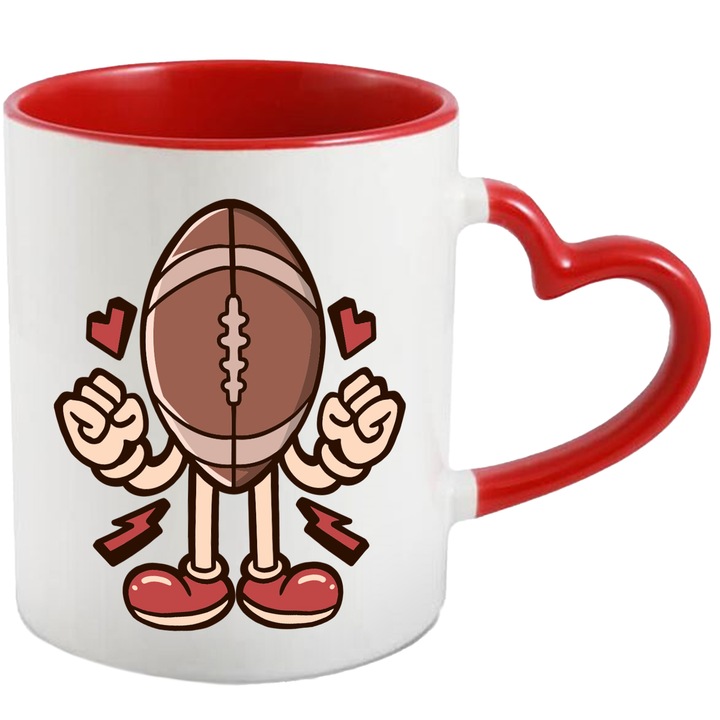 Cana Cu Minge, Rugby, Inimi, Fulgere, Sport, Manusi, Pantofi, Multicolor 330 ml, Ceramica cu Maner Inima Rosie