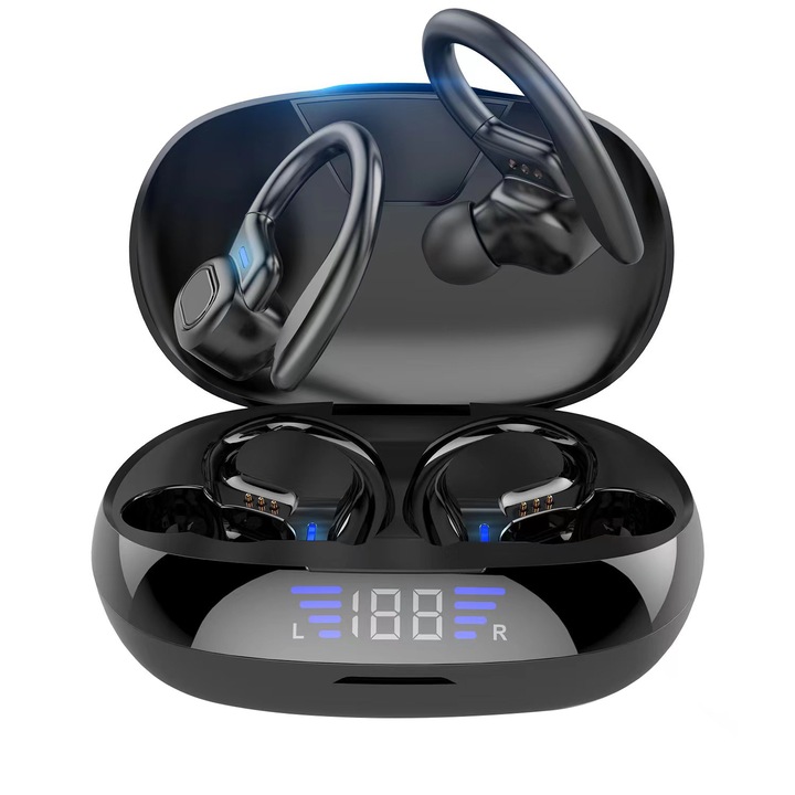 Bluetooth спортни слушалки, Vaxiuja, пластмаса, 10 x 3 x 5 cm, 800 mAh, автоматично сдвояване, дисплей на мощността, Smart touch, черни