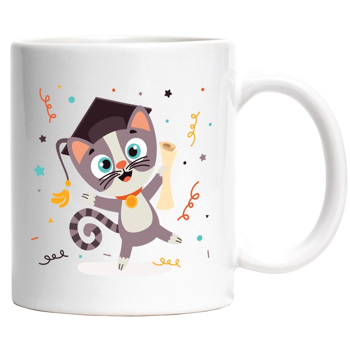 Bögre cicával, Konfetti, Diploma, Kalap, Nyaklánc, Csillagok, Ballagás, Iskola, Többszínű 330 ml, Kerámia fehér fogantyúval