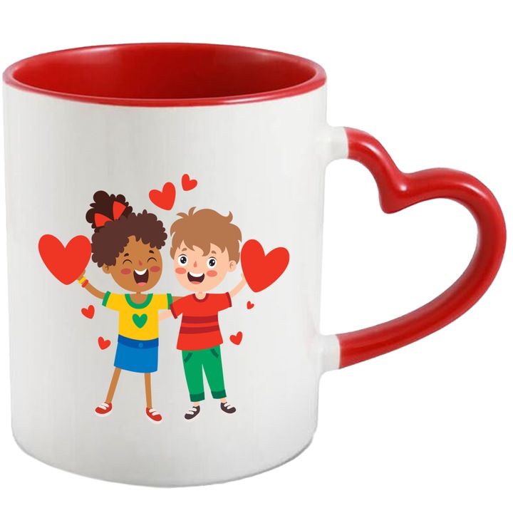 Cana Cu Copii, Inimi, Dragoste, Iubire, Funda, Imbratisare, Multicolor 330 ml, Ceramica cu Maner Inima Rosie