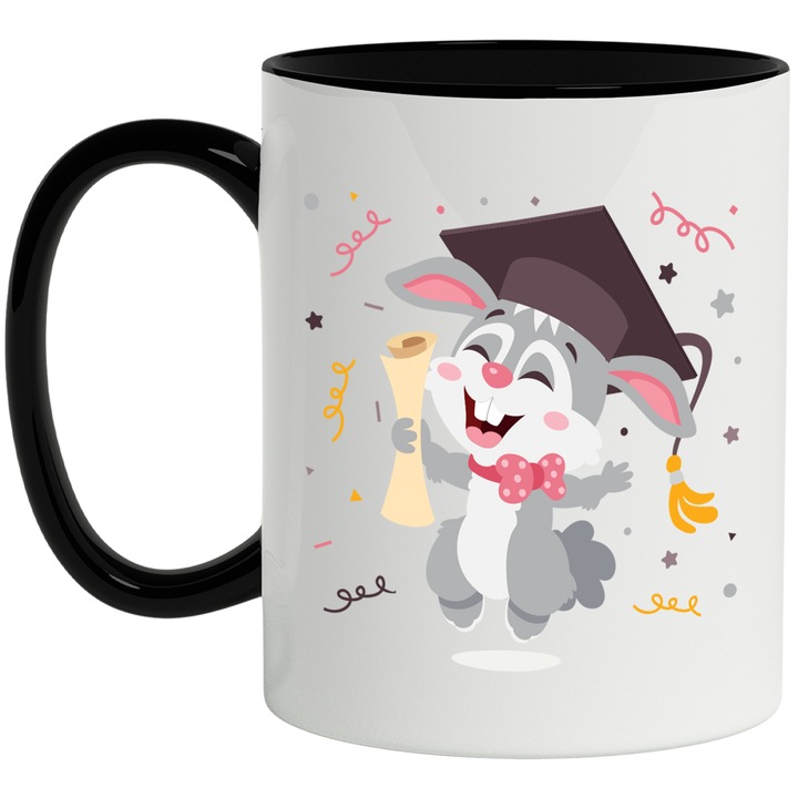Bögre Nyúllal, Kalap, Diploma, Konfetti, Érettségi, Tanulmányok, Szalag, Többszínű 330 ml, Kerámia fekete fogantyúval