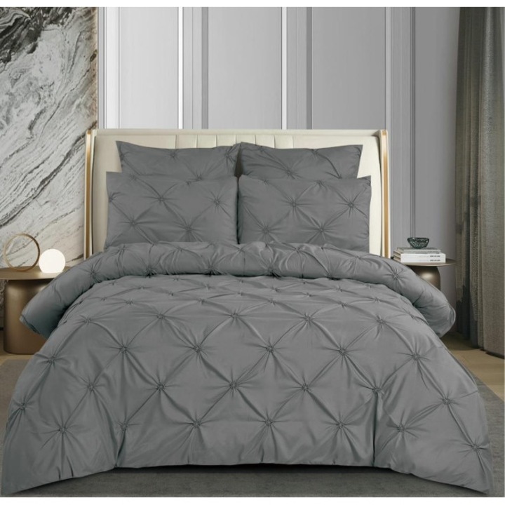 Двойно спално бельо, Бродирана шарка, Финет, 6 части, 2 лица, Едноцветно, 180x200см, Тъмносив