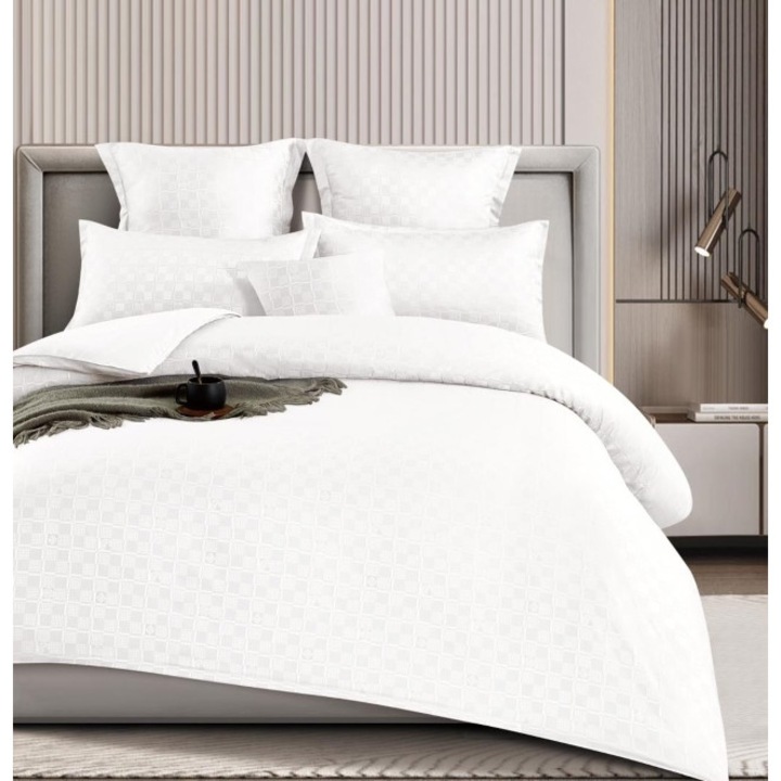 Двойно спално бельо, кариран десен, фино, 6 бр., 2 лица, едноцветно, 180x200см, бяло