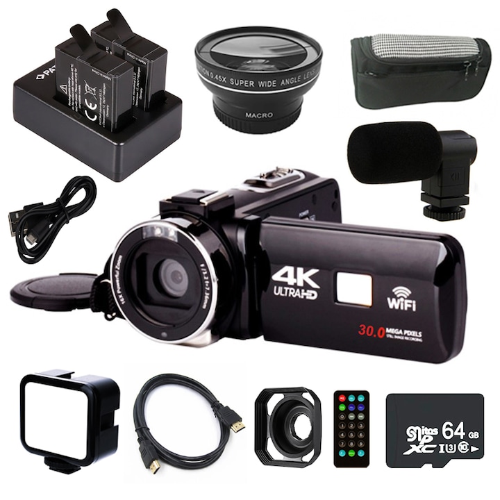 Видеокамера 4K Full HD, WiFi - екран Tactil 3.0 инча, нощно виждане, 16x цифрово увеличение, максимална разделителна способност, включва микрофон, голяма леща, 2x батерии, карта 64 GB, LED светкавица, парасолар, телекоманда