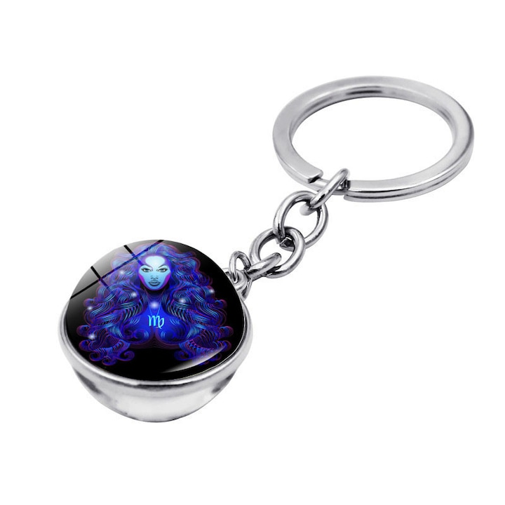 Szűz kulcstartó, Vaxiuja, ötvözet/üveg, 8 x 2 cm, tizenkét csillagjegy, kék
