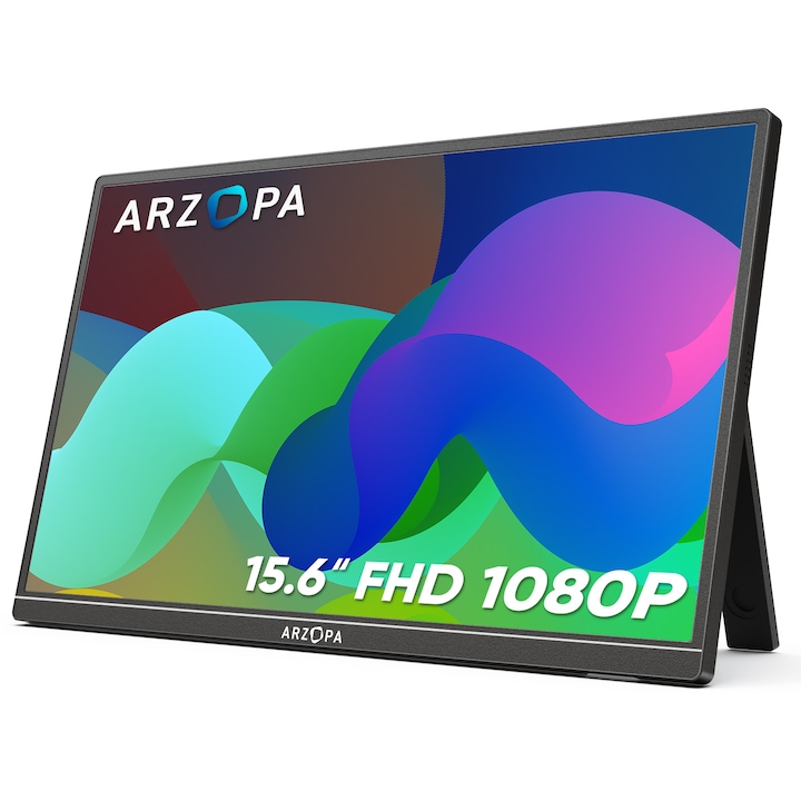 ARZOPA hordozható monitor, 15,6 hüvelyk, IPS, HDR, 1920X1080 px, USB C, HDMI Type-C, fekete