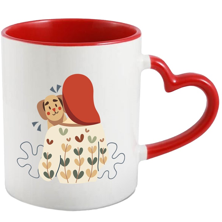 Cana Cu Fata, Catel, Frunze, Pulover, Iubitori De Caini, Inimi, Multicolor 330 ml, Ceramica cu Maner Inima Rosie