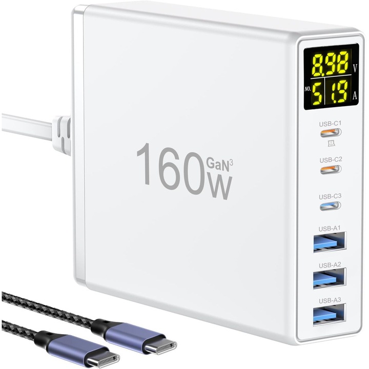 Incarcator retea 160 W USBC GaN, statie de incarcare cu 6 porturi, display LED, 3 porturi USB-C si 3 porturi USB A, incarcare rapida, pentru pentru MacBook Pro, Laptop, iPhone, iPad, Samsung