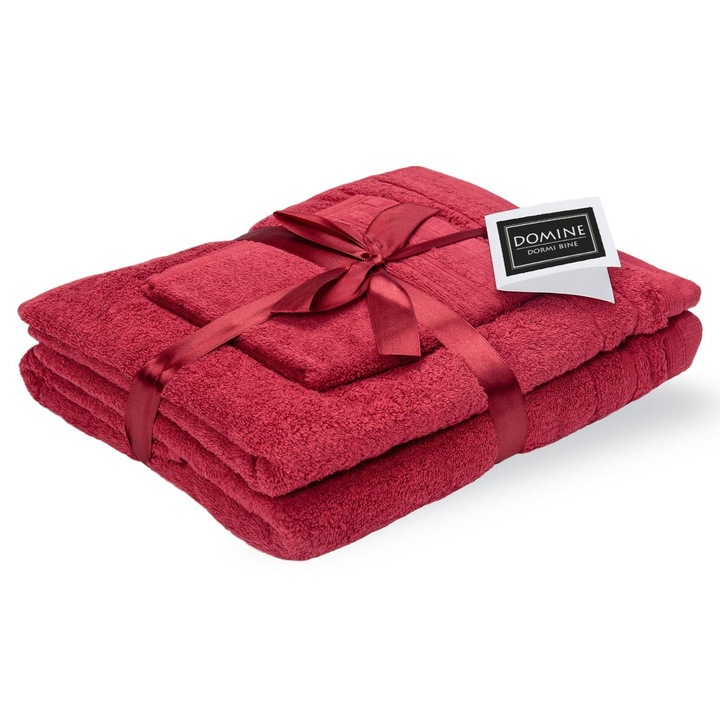 Set prosoape bumbac Domine 600gsm de fata 50x90cm + de corp 70x140cm + de maini 30x50cm, bordeaux