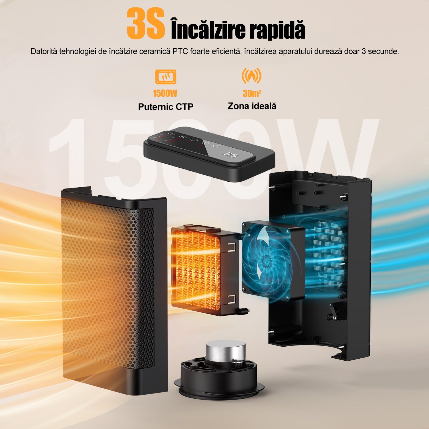 Radiator Calorifer XinXu, Portabila 1500W, Incalzire Ceramica, 3 trepte ...