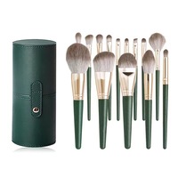 Set de pensule de machiaj din 14 piese, maner din lemn, machiaj profesional/incepator, pensula pentru sprancene, pensula pentru iluminare, pensula pentru pudra, pensula cu doua capete, verde