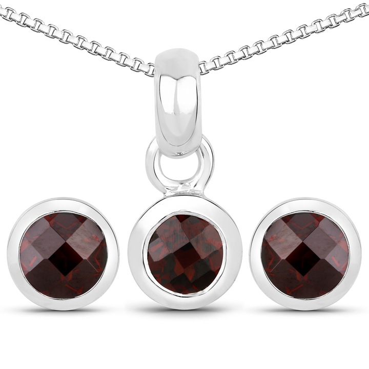 Set cercei si pandantiv, Silvance, Argint, Forma rotunda, 5 mm, Granat, Maro/Argintiu