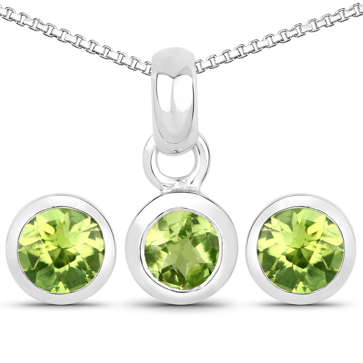 Set cercei si pandantiv, Silvance, Argint, 5 mm, Peridot, Verde/Argintiu