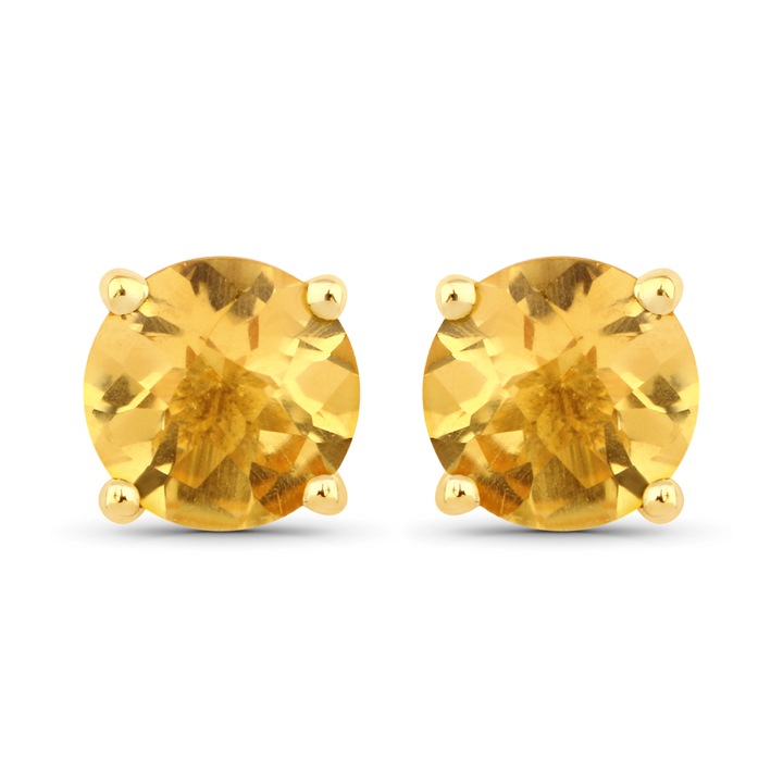 Cercei dama, Silvance, Argint, Placat cu aur, Citrin, Forma rotunda, 5 mm, Galben/Auriu