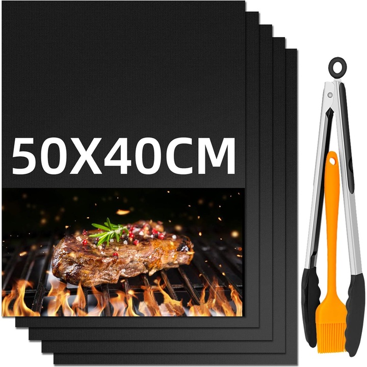 Set de 5 folii pentru gratar, Reutilizabile, negru, 50x40cm, Multifunctionale