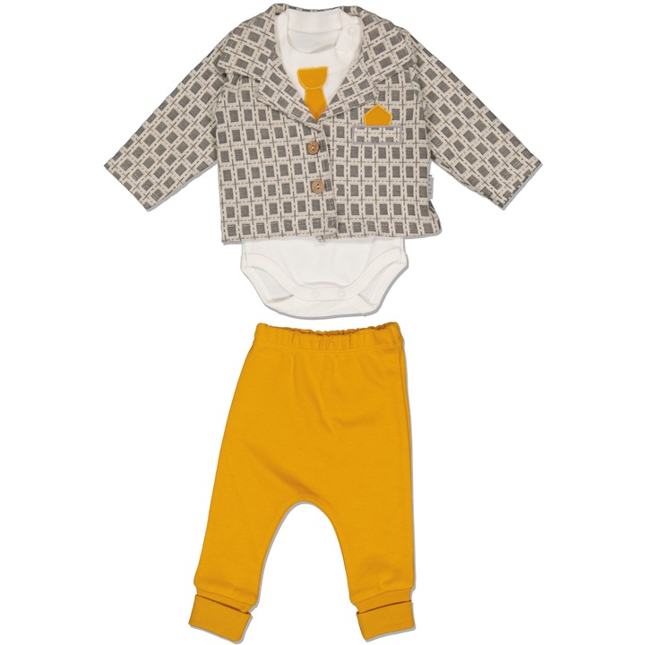 Compleu baieti din 3 piese, Elci Baby, La cravata, Bumbac, Galben mustar, Galben mustar