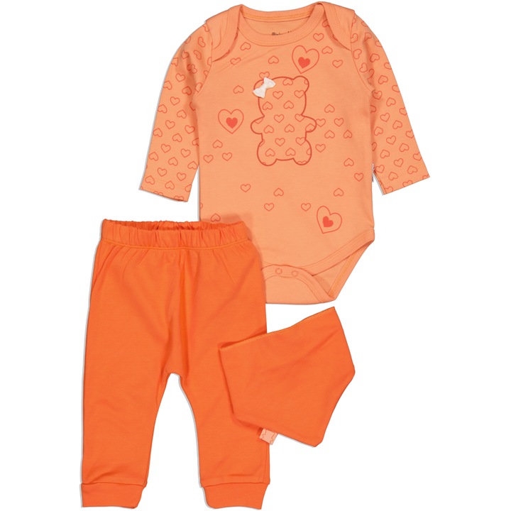 Compleu 3 piese fete, Miniworld, body maneca lunga, pantaloni, bandana, imprimeu inimioare, Bumbac, Portocaliu, Portocaliu