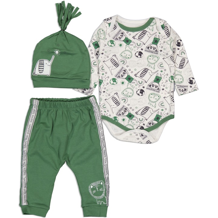 Compleu 3 piese baieti, body maneca lunga, pantaloni, caciula, Miniworld, Save the planet, bumbac, Verde inchis, Verde inchis
