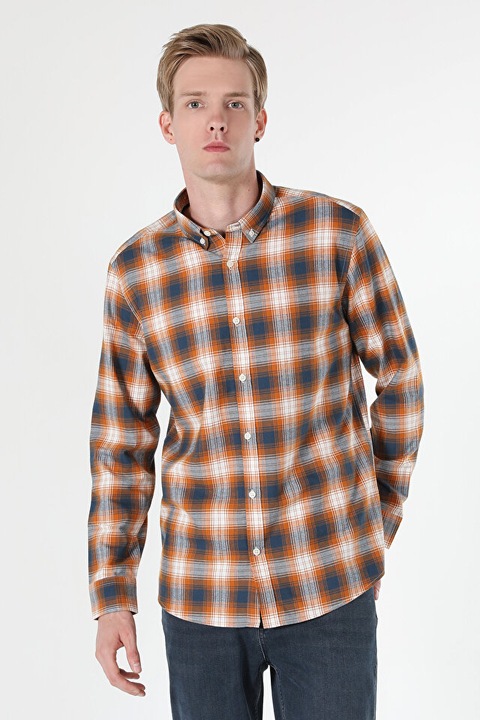 Normál szabású sáfrány férfi hosszú ujjú ing, Sárga