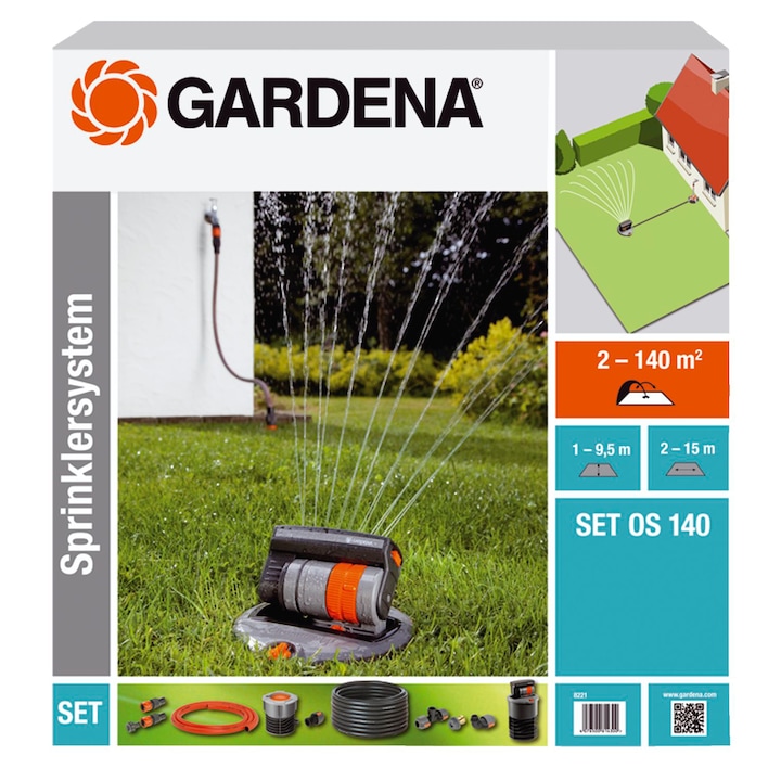 Пълен комплект за напояване Gardena, включва Осцилиращ телескопичен разпръсквач Gardena OS 140 правоъгълен, 140 кв.м