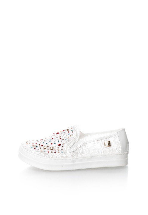 Laura Biagiotti Pantofi slip-on albi de dantela cu strasuri 39