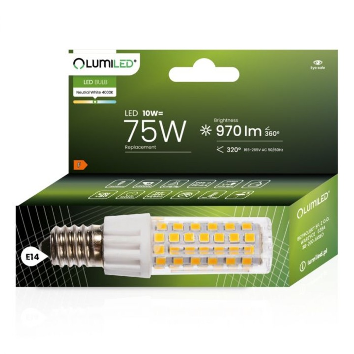 LED крушка, LUMILED, E14 T25, 10W = 75W, 970lm, 4000K