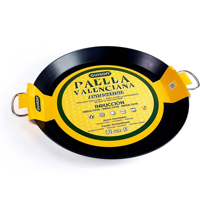 Tigaie pentru paella valenciana, otel inoxidabil, antiaderenta Xylan Plus, diametru 50 cm, 2 manere, 14 portii, Guison, GRC74150