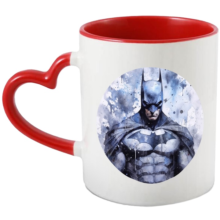 Cana Cu Batman, DC, Supereroi, Cerc, Costum, Justitiar, Multicolor 330 ml, Ceramica cu Maner Inima Rosie