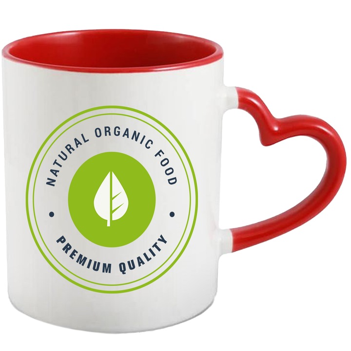 Bögre angol nyelvű üzenettel Natural Organic Food, Bio Food, Levél, Kör, Pöttyös, Többszínű 330 ml, Kerámia piros szív fogantyúval