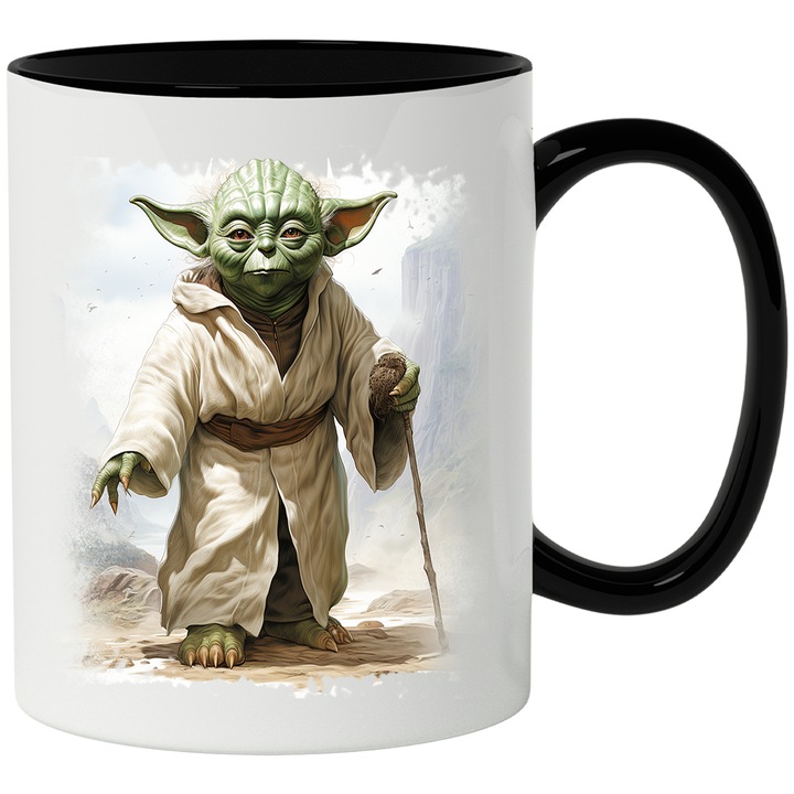 Cana Cu Yoda, Star Wars, Toiag, Nisip, Stanci, Sci Fi, Jedi, Multicolor 330 ml, Ceramica cu Maner Negru