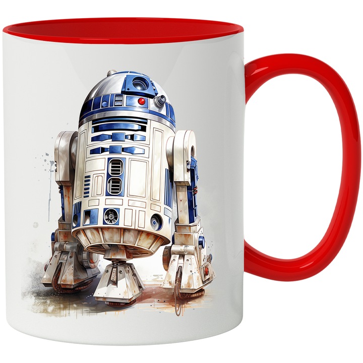 Cana Cu Robot, R2-D2, Star Wars, Fire, Sci Fi, Iubitori De Filme, Multicolor 330 ml, Ceramica cu Maner Rosu