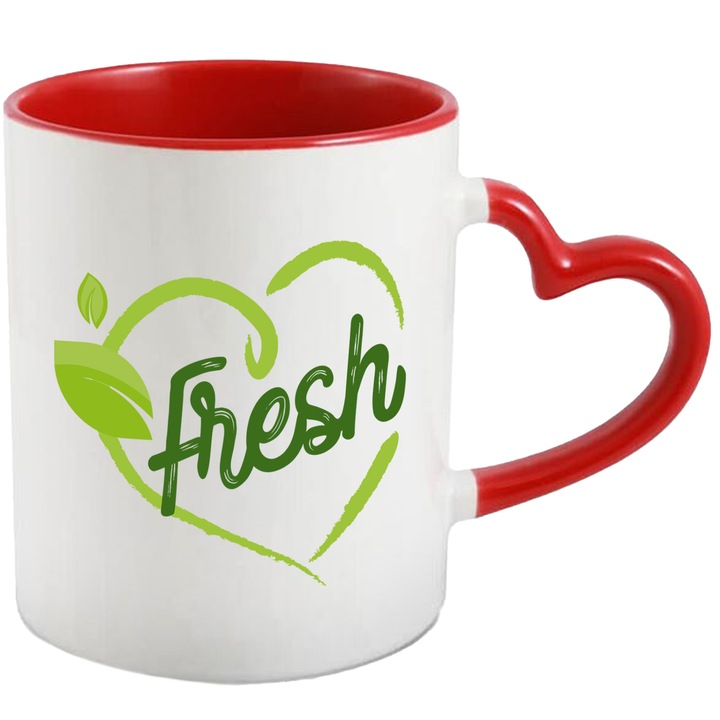 Cana Cu Mesaj Fresh, Inima, Frunze, Natural, Proapat, Multicolor 330 ml, Ceramica cu Maner Inima Rosie