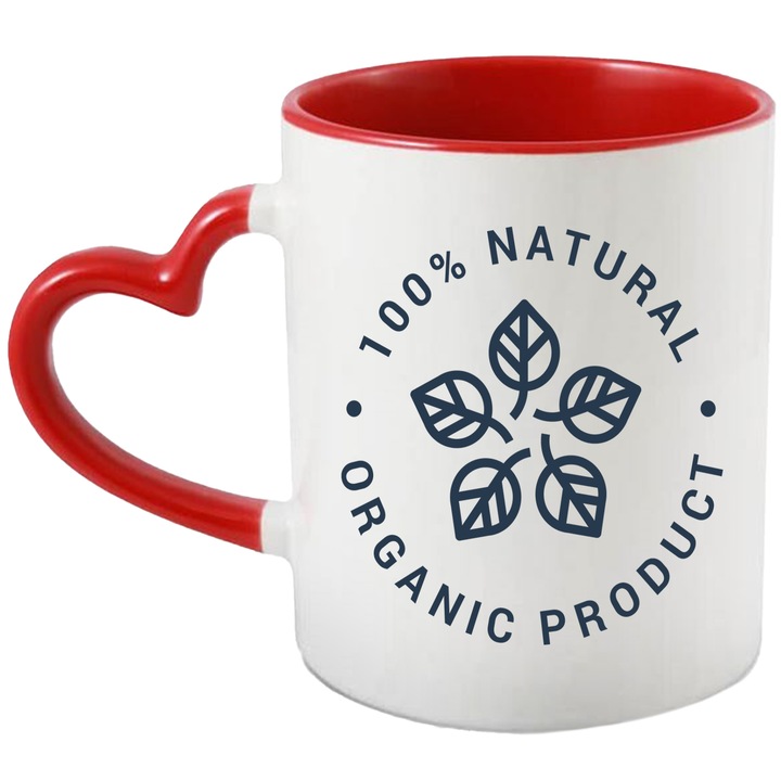 Bögre angol nyelvű üzenettel 100%-ban természetes biotermék, pöttyös, levelek, csillag, többszínű 330 ml, kerámia, piros szív fogantyúval