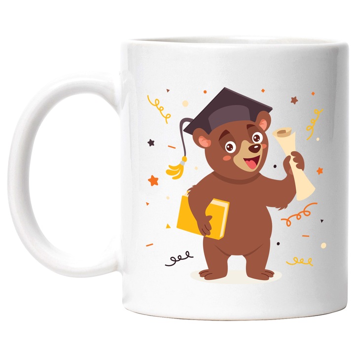 Чаша с мече, книга, диплома, конфети, шапка, абитуриентска, тържествена, многоцветна 330 мл, керамика с бяла дръжка