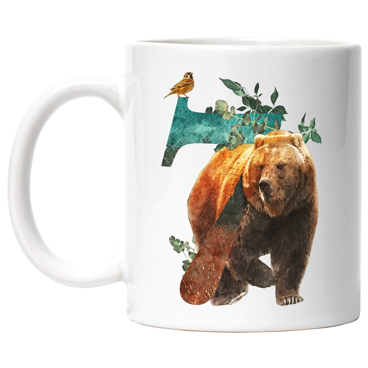 Cana Cu Cifra, 7, Urs, Pasare, Frunze, Natura, Multicolor 330 ml, Ceramica cu Maner Alb