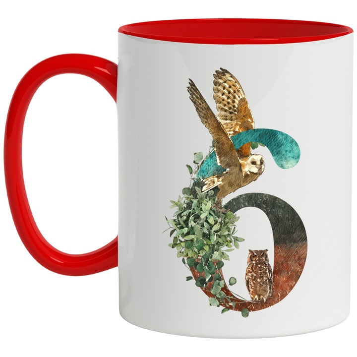 Cana Cu Cifra, 6, Bufnite, Frunze, Natura, Multicolor 330 ml, Ceramica cu Maner Rosu