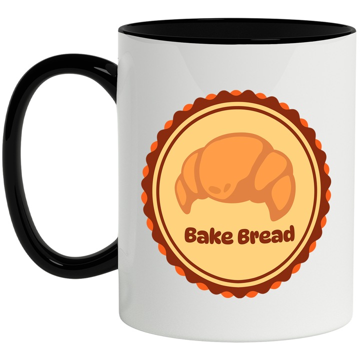 Cana Cu Mesaj In Engleza Bread, Emblema, Paine, Cerc, Panglica, Multicolor 330 ml, Ceramica cu Maner Negru