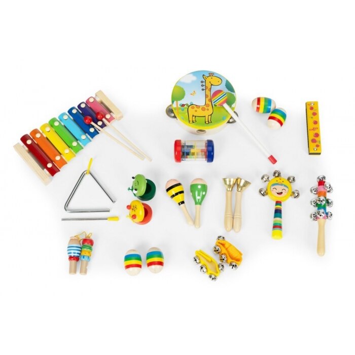 Set 14 instrumente muzicale pentru copii Ecotoys, Lemn, Multicolor