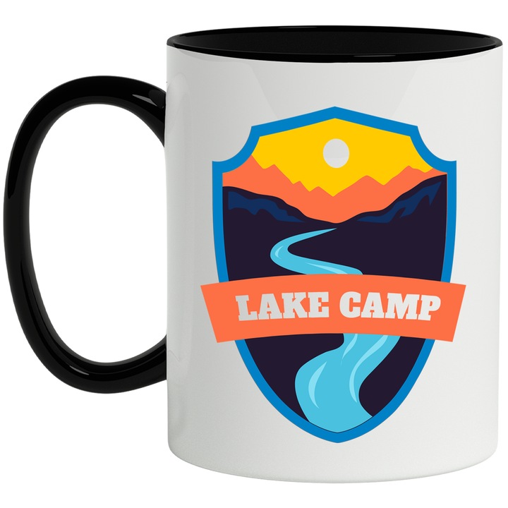 Cana Cu Mesaj In Engleza Lake Camp, Apus, Rau, Tabara, Munte, Lac, Multicolor 330 ml, Ceramica cu Maner Negru