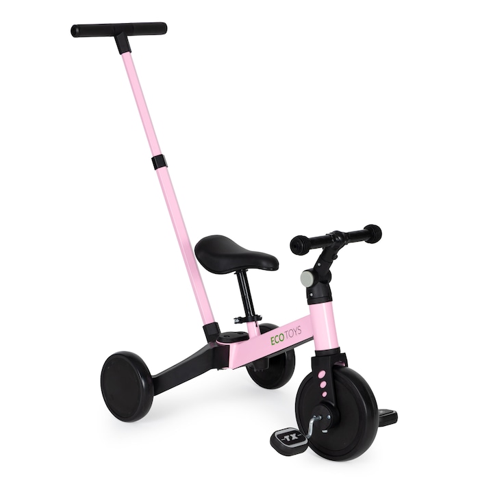 ECOTOYS 2 az 1-ben tricikli tolókarral, állítható ülésmagassággal és kormánnyal, fekete-rózsaszín