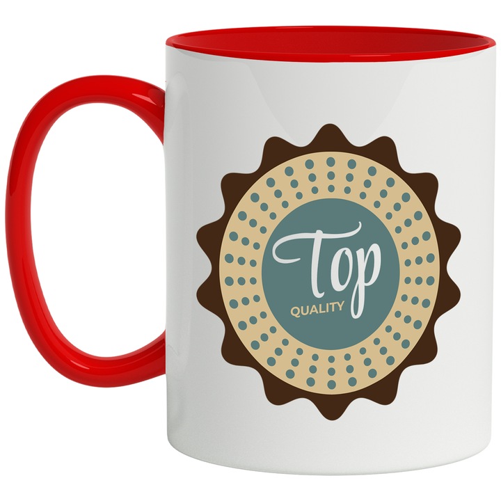 Bögre angol nyelvű üzenettel, kiváló minőség, embléma, pöttyös, többszínű 330 ml, kerámia, piros fogantyúval