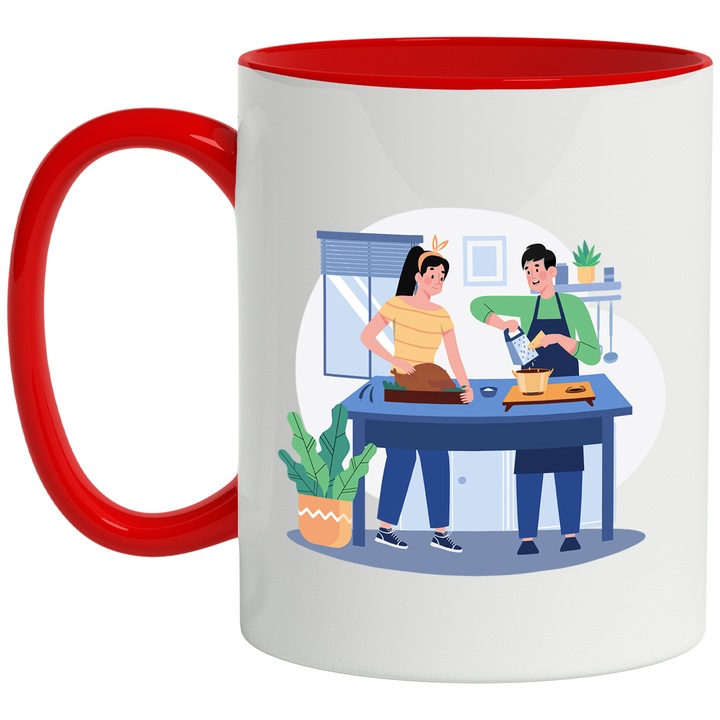 Cana Cu Cina, Mancare, Razuitoare, Oala, Multicolor 330 ml, Ceramica cu Maner Rosu