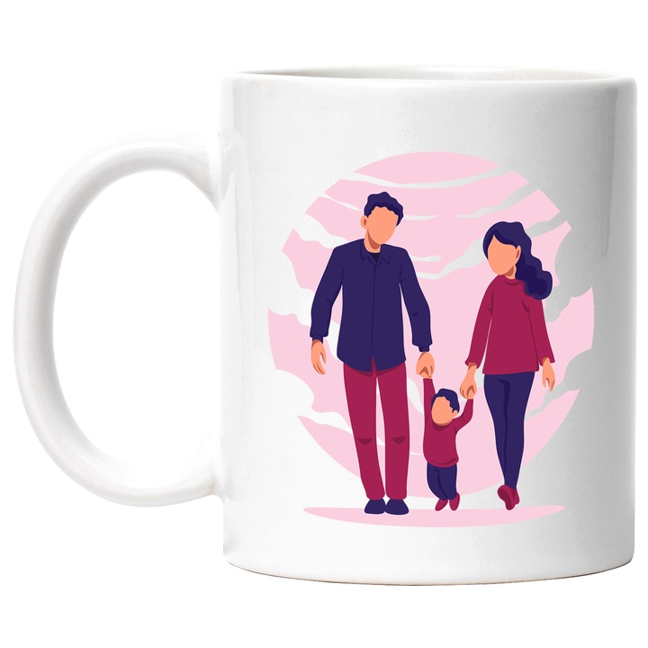 Cana Cu Familie, Parinti, Copil, Cerc, Multicolor 330 ml, Ceramica cu Maner Alb