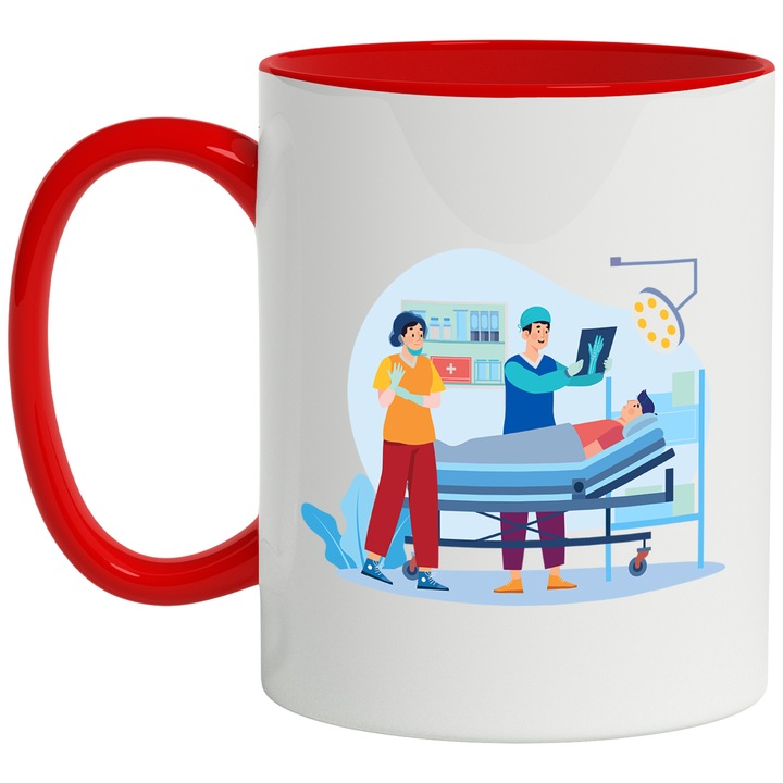 Cana Cu Operatie, Doctor, Pacient, Asistenta, Multicolor 330 ml, Ceramica cu Maner Rosu