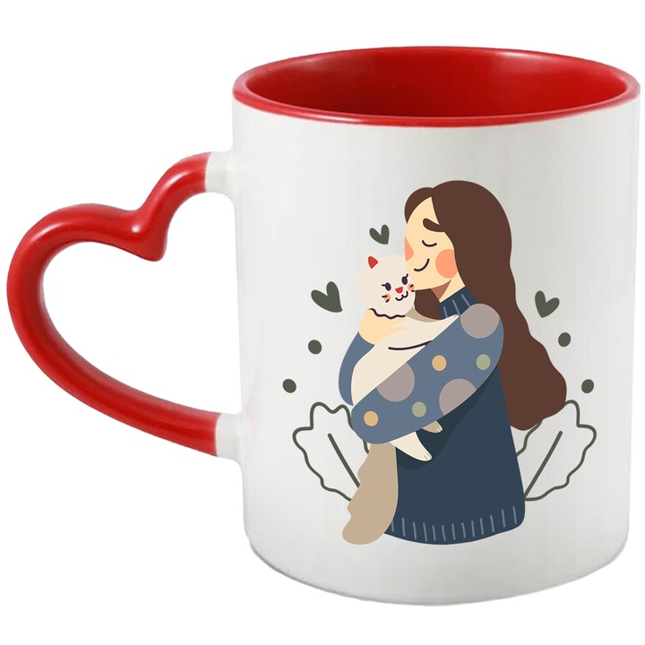 Bögre arccal, macska, levelek, pöttyös, szívek, állatbarátok, többszínű 330 ml, kerámia, piros szív fogantyúval