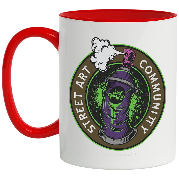 Bögre Üzenettel In English Street Art Community, Graffiti, Spray, Festék, Fröccsenések, Többszínű 330 ml, Kerámia piros fogantyúval